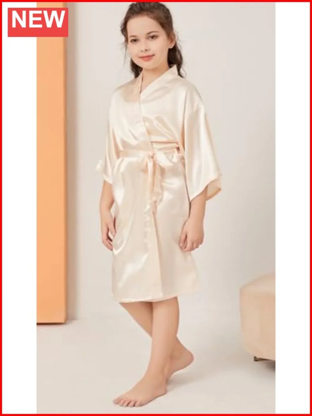 Girls Satin Kimono Robe Wedding Party Spa Bathrobe Soft Lightweight